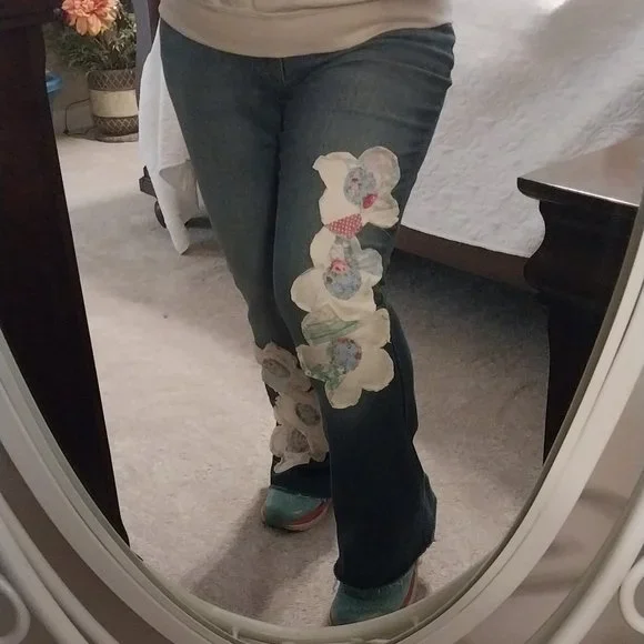 Appliqued Jeans using and Old Quilt - Picture 2 of 3